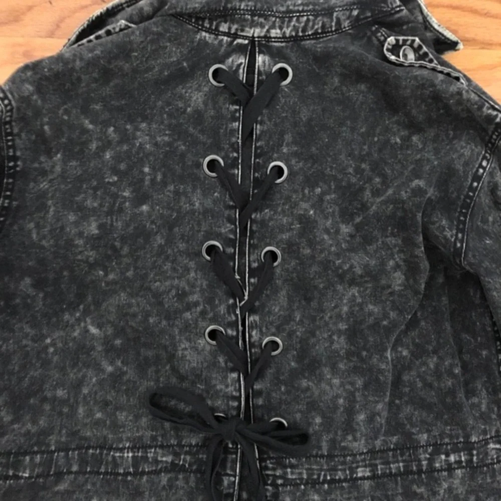 Vintage Havana Acid Wash Denim Jacket Small Black Flannel Lined Lace Up